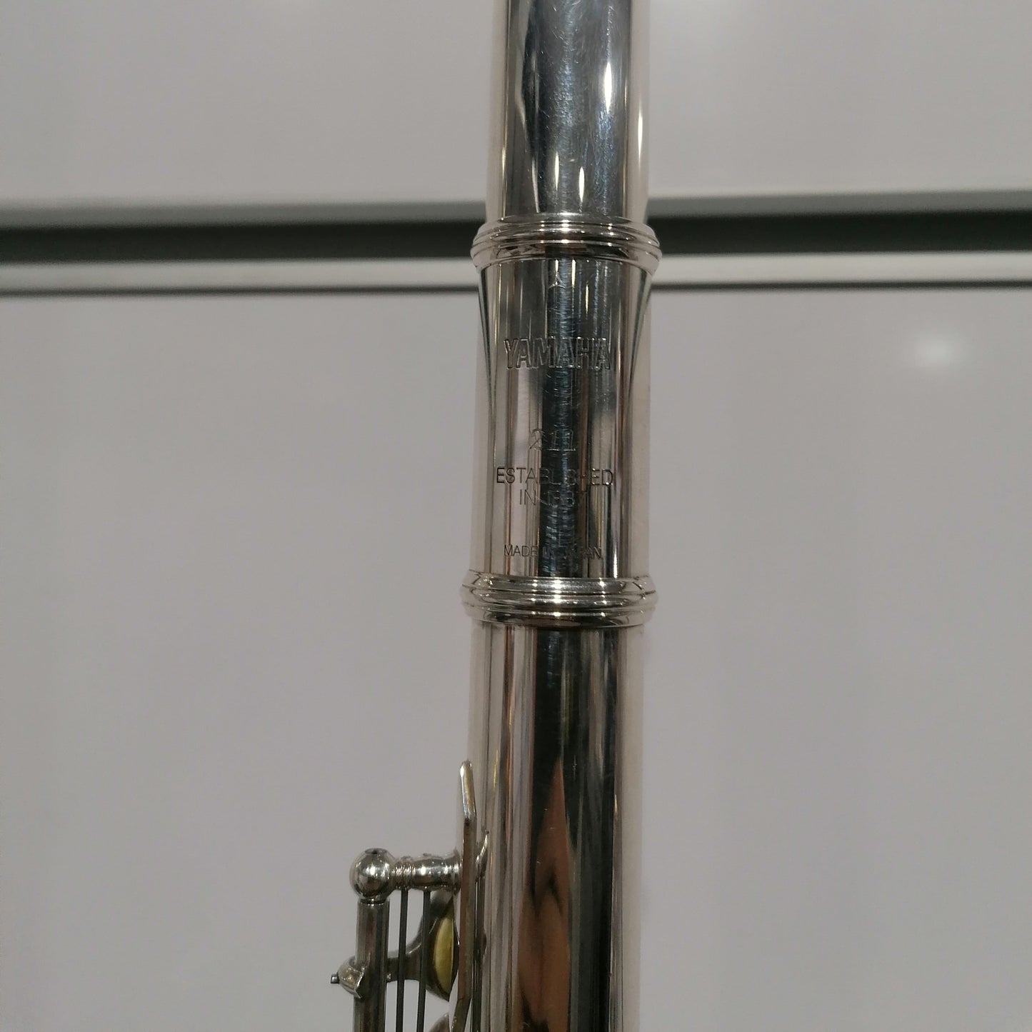 Close-up of a silver flute against a white background