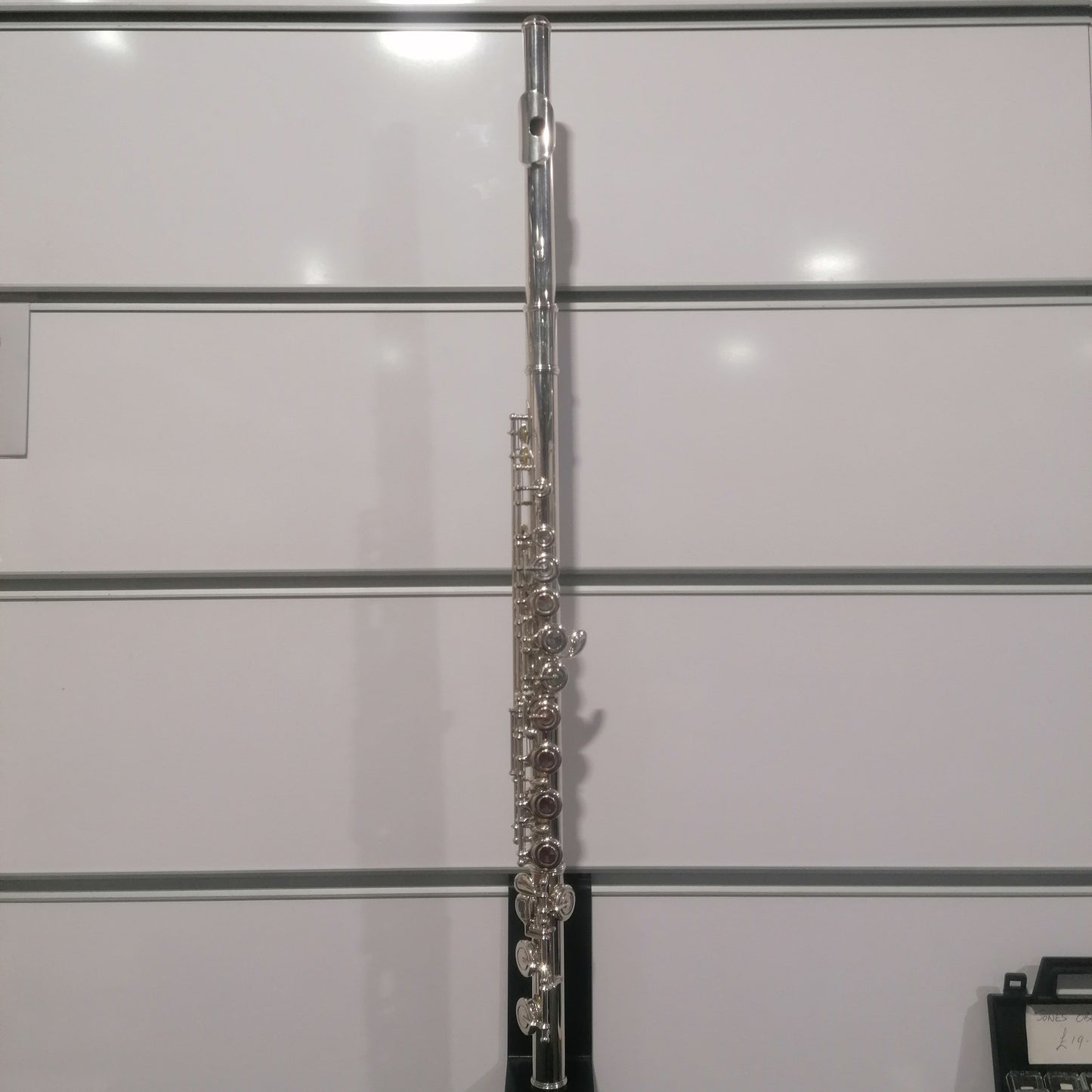 Silver flute against a light gray background