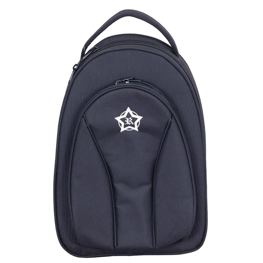 Black backpack with a white logo on a white background