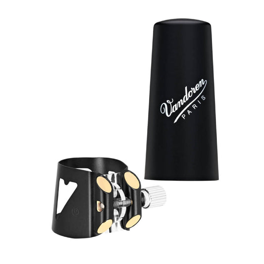 Clarinet mouthpiece and cap with Vandoren logo on a white background