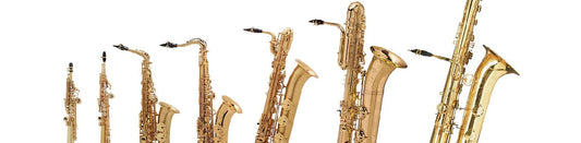 7 saxophones in different sizes