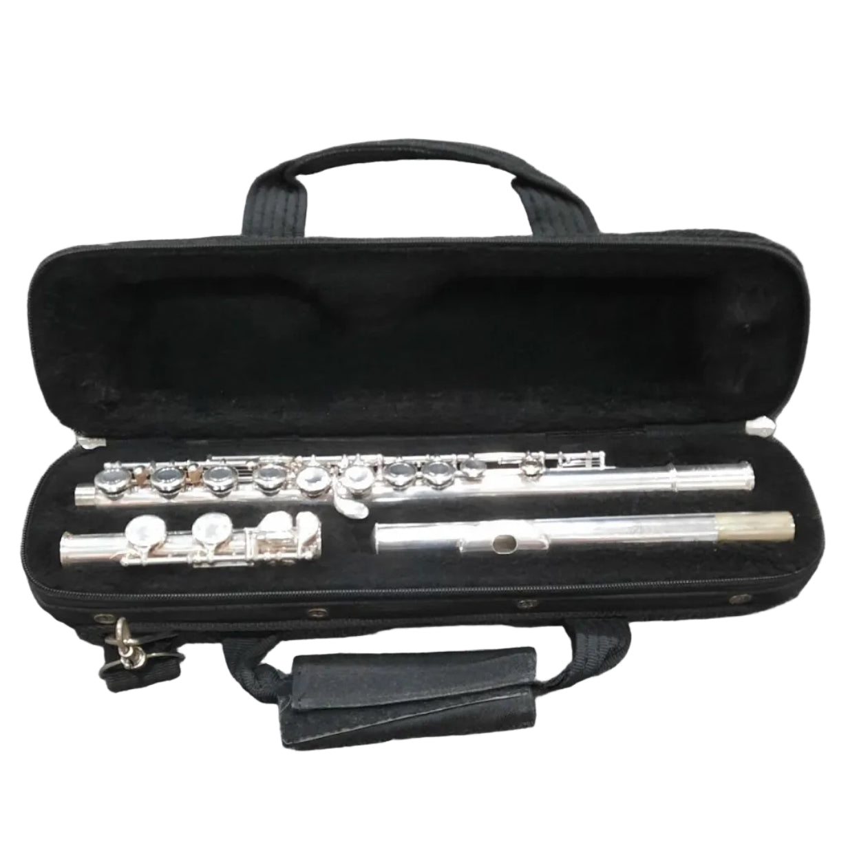 A silver flute resting inside an open black hard case on a gray carpeted floor.