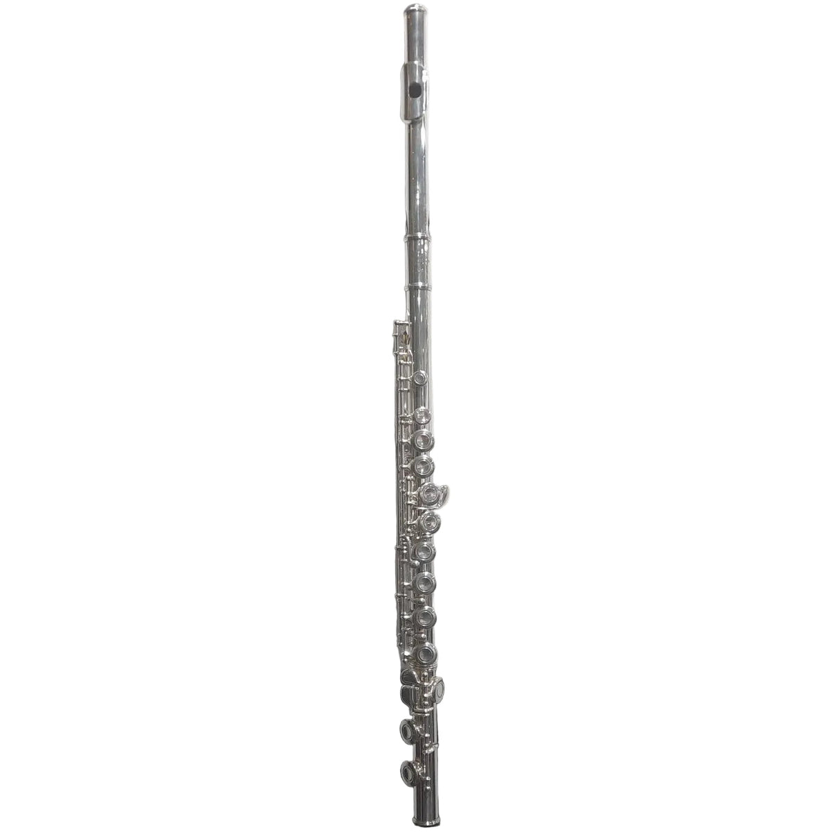 A silver metal flute standing vertically on a black display stand against a plain white background.