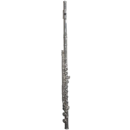 A silver metal flute standing vertically on a black display stand against a plain white background.