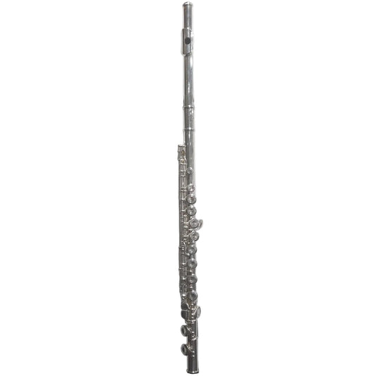 A silver metal flute standing vertically on a black display stand against a plain white background.