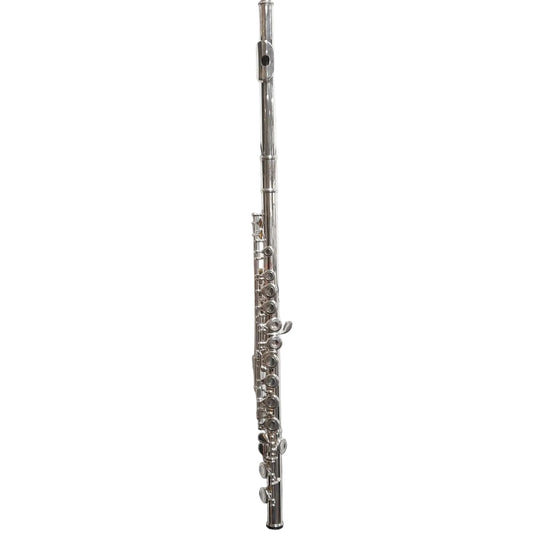 A silver flute mounted vertically on a black display stand against a white slatwall background.