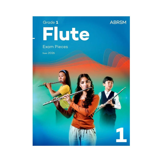 Flute exam pieces book for Grade 1 with ABRSM logo and three children playing flutes on a colorful background