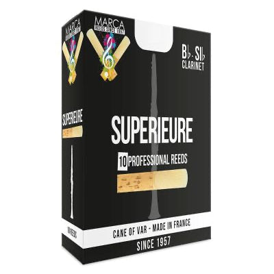 Box of Superieure clarinet reeds with brand logo on a white background