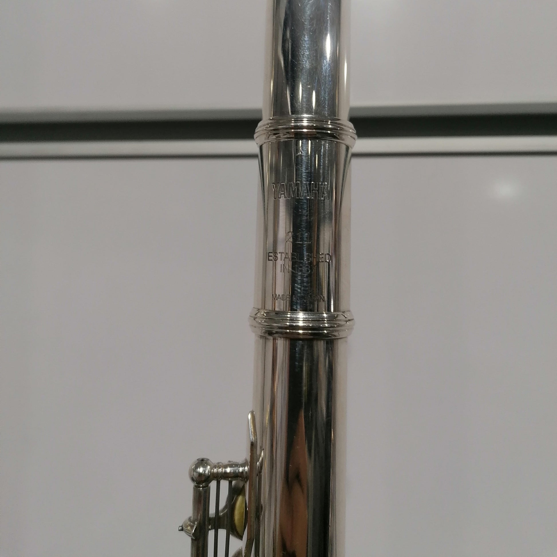 Close-up of a silver flute against a white background