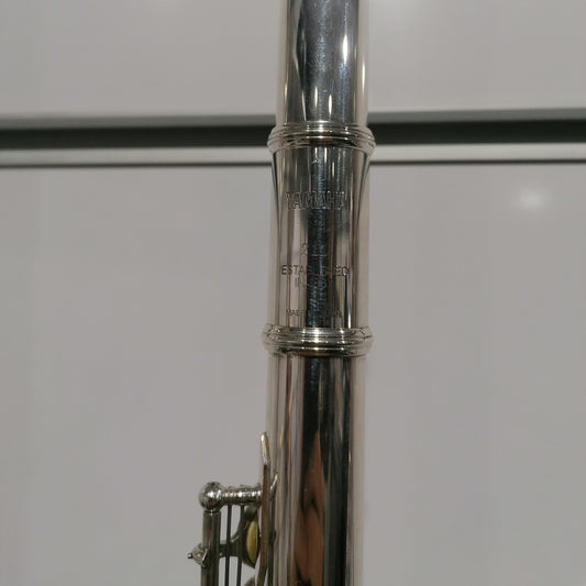 Close-up of a silver flute against a white background