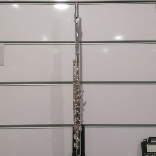 Silver flute against a light gray background