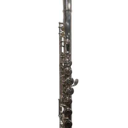 Close-up of a silver flute against a white background