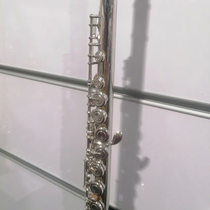 Close-up of a silver flute against a white background