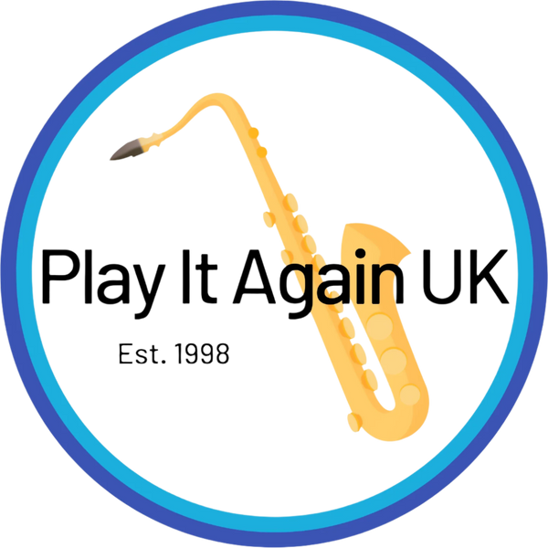 Logo of 'Play It Again UK' with a saxophone and blue circle on a white background