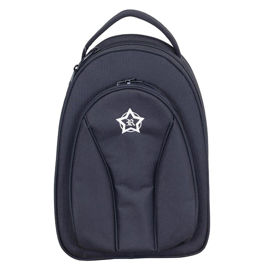 Black backpack with a white logo on a white background