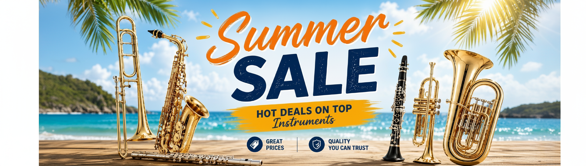 A promotional banner for a summer sale featuring multiple brass musical instruments, including a trombone, saxophone, clarinet, trumpet, and tuba, set against a tropical beach background with palm trees and the text 'Summer SALE' in large orange and blue lettering.