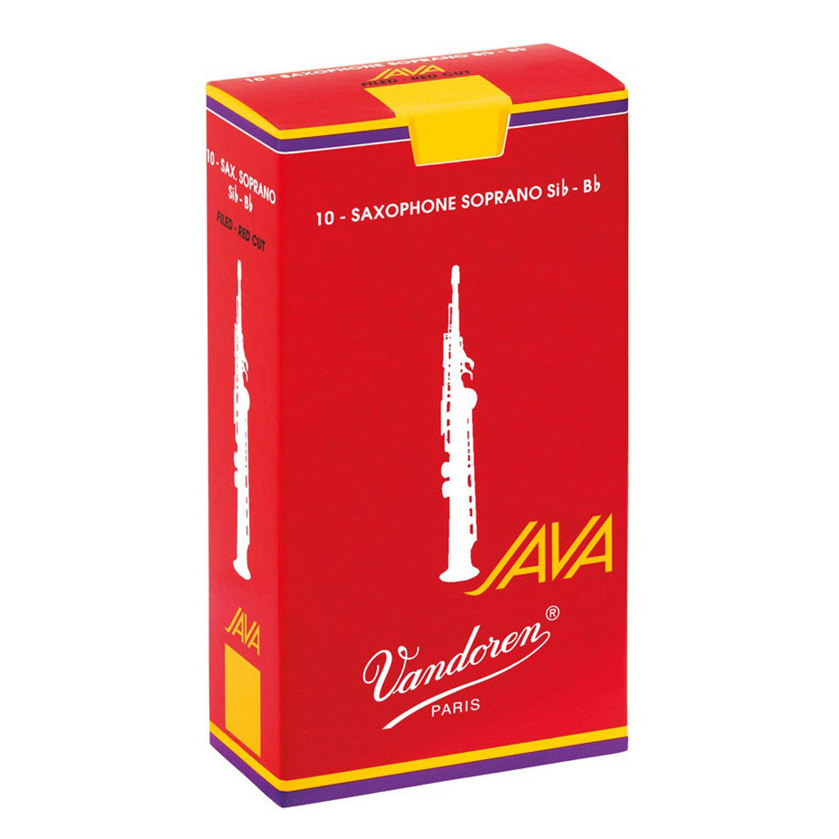 Red box of Vandoren saxophone reeds on a white background