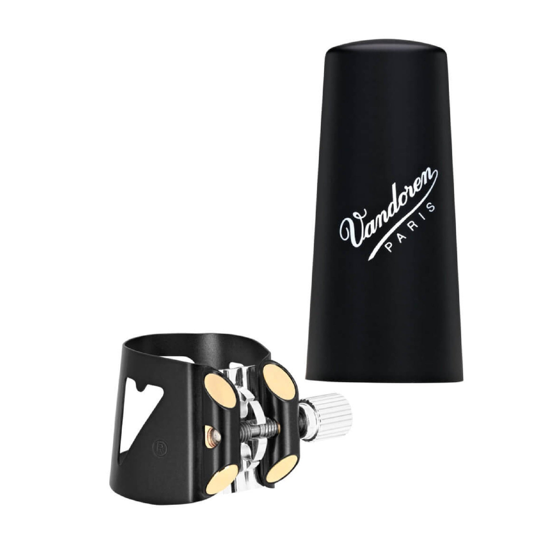 Clarinet mouthpiece and cap with Vandoren logo on a white background