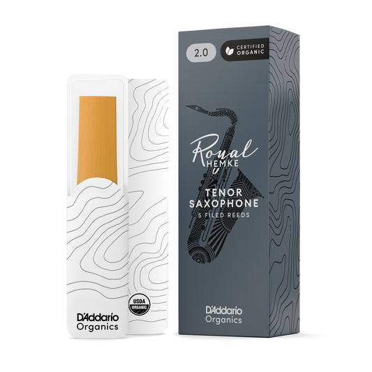 D'Addario Organics saxophone reed packaging with a gray box and white tube on a white background